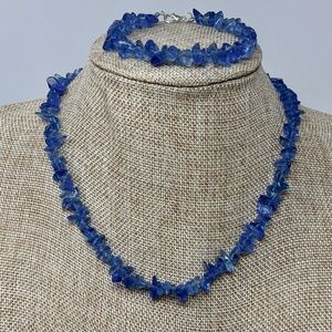 Handmade Beaded Necklace Bracelet Set Sapphire Blue Glass Chip Beads Silver Tone